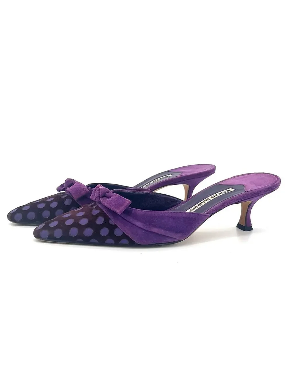 Manolo Blahnik Vintage Polka Dot Bow Pointed Toe Kitten Heel Mules 38.5 - Picture 1 of 9